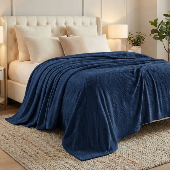Superior Alaska Diamond Fleece Blanket 90" x 90", Lightweight Soft Bed Blankets, Full Size, Navy Blue