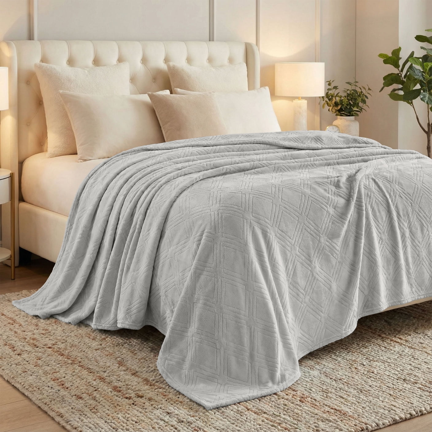 Superior Alaska Diamond Fleece Blanket 90" x 106", Lightweight Soft Bed Blankets, King Size, Platinum
