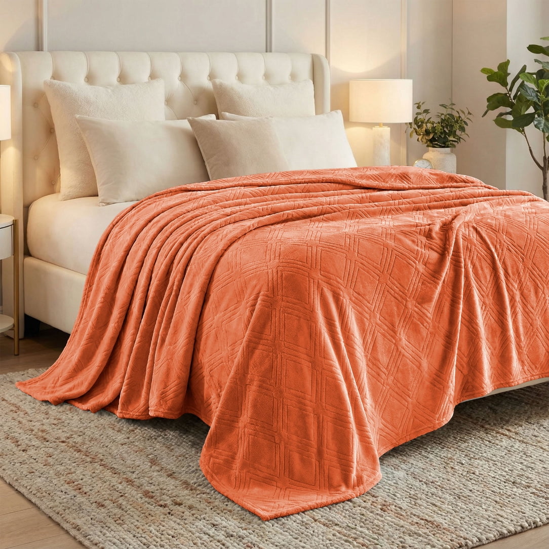 Superior Alaska Diamond Fleece Blanket 90" x 106", Lightweight Soft Bed Blankets, King Size, Rust