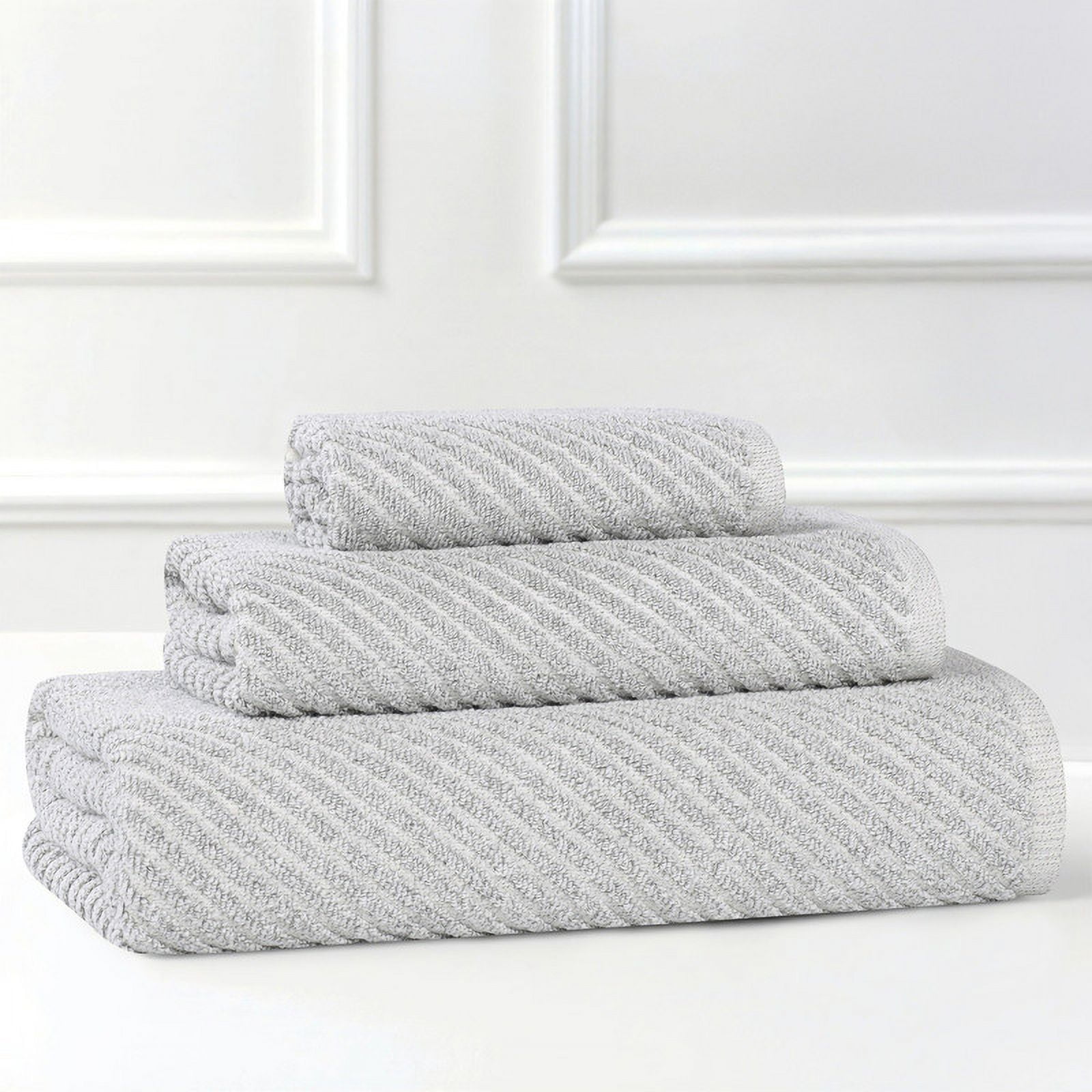 Superior Amelia Viscose Cotton Blend Medium Weight 3 Piece Towel Set, Platinum