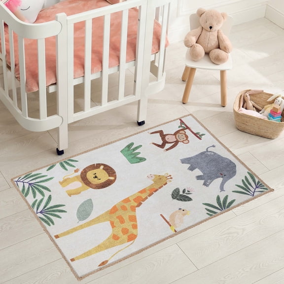Superior Jungle Animals Non-Slip Washable Indoor Play Rug, 2' x 3', Ivory