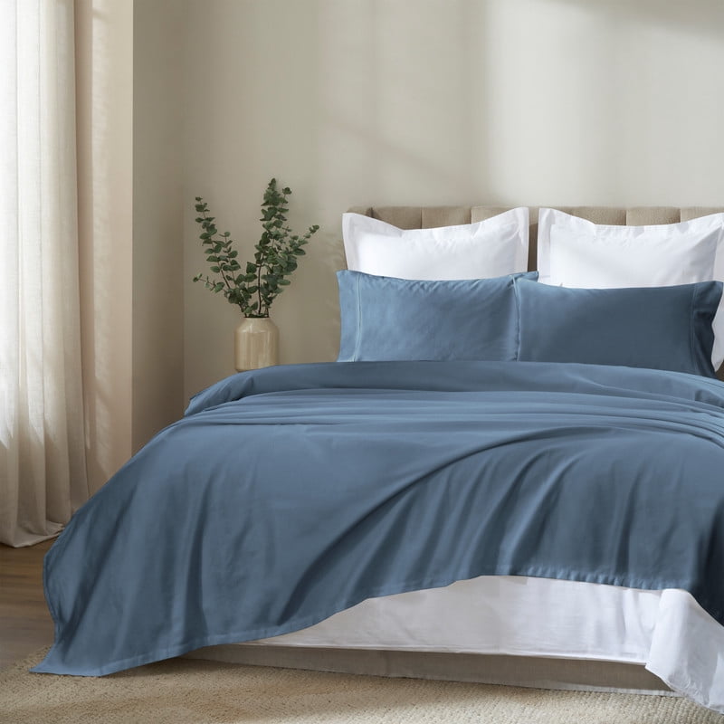 Superior Apus 100% Cotton 15" Deep Pocket Sheet Set, Twin, Denim Blue