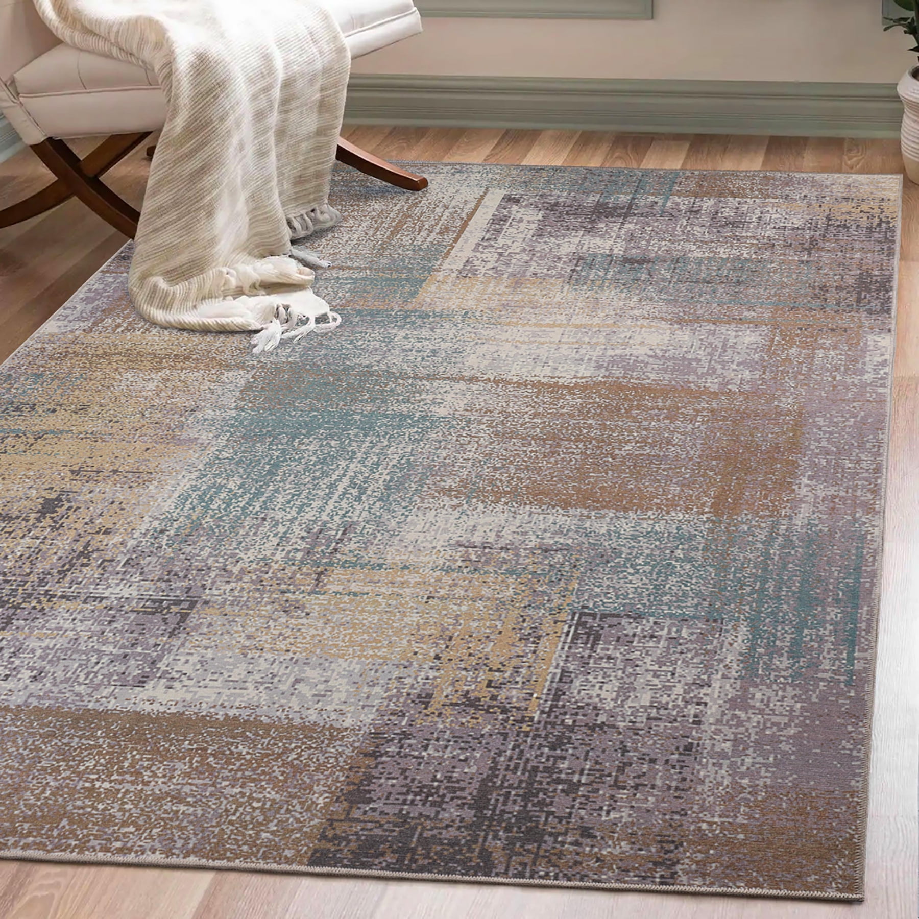 Blue Abstract Patchwork Non-Slip Washable Indoor Area Rug, 6' x 9'