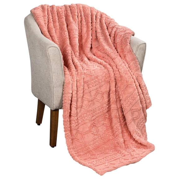 Superior Arctic Fleece Boho Knit Jacquard Blanket, Throw, Blush