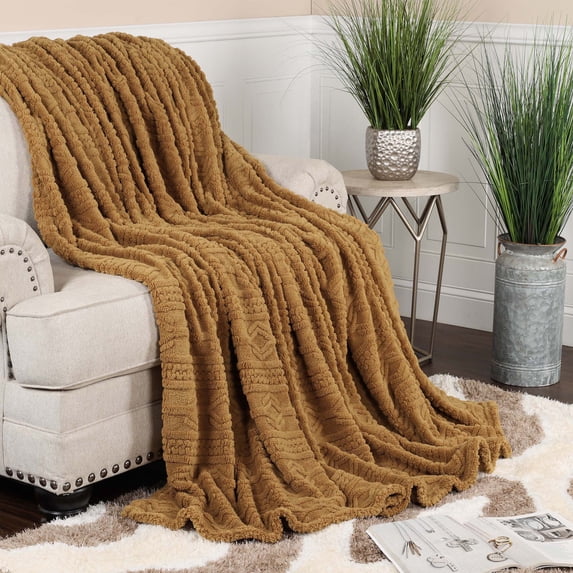 Superior Arctic Fleece Boho Knit Jacquard Blanket, Throw XL, Camel
