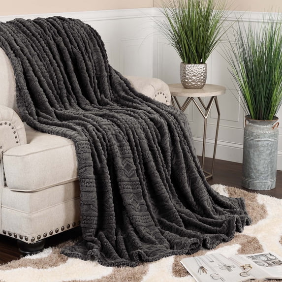 Superior Arctic Fleece Boho Knit Jacquard Blanket, Throw XL, Charcoal