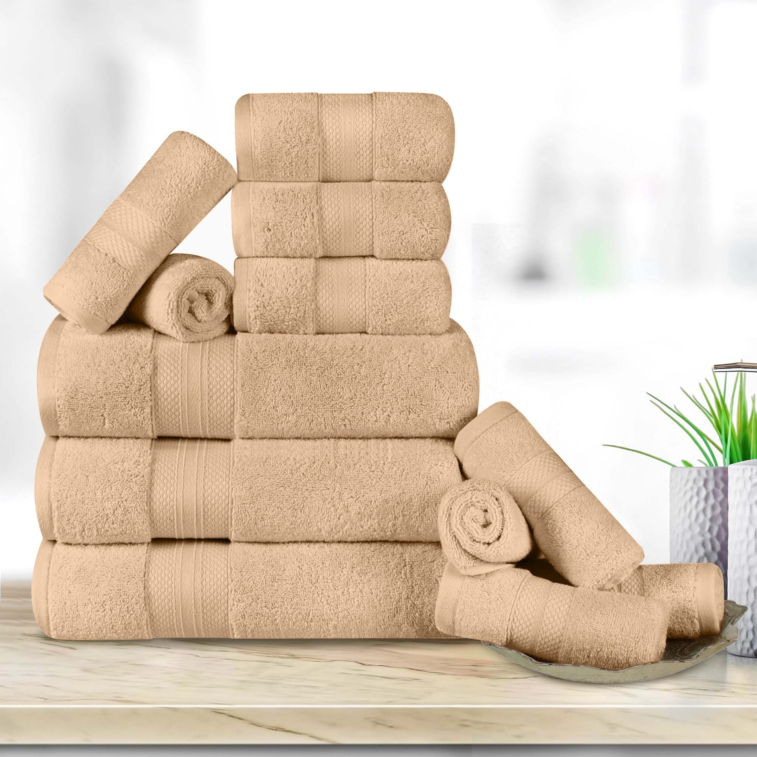 Superior Aria Turkish Cotton 12-Piece Towel Set, Ultra Soft Heavyweight Towels, Hazelnut