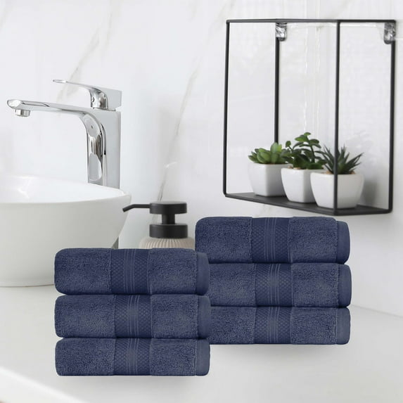 Superior Aria Turkish Cotton Solid Heavyweight Crown Blue Hand Towel Set of 6