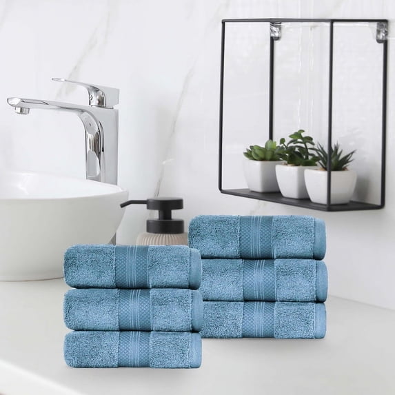 Superior Aria Turkish Cotton 6-Piece Hand Towel Set, Ultra Soft Heavyweight Towels, Denim Blue