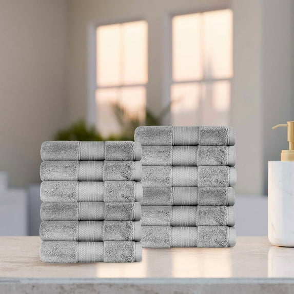 Superior Aria Turkish Cotton Solid Heavyweight Grey Face Towel Set of 12