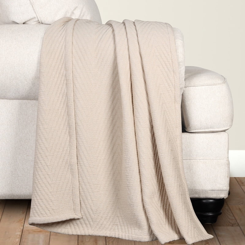 Beige Cotton Medium Weight Chevron Throw Coverlet