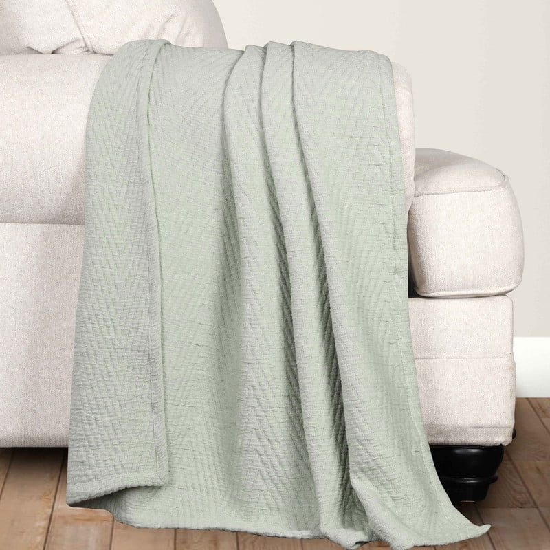 Green Cotton Chevron Woven Throw Coverlet