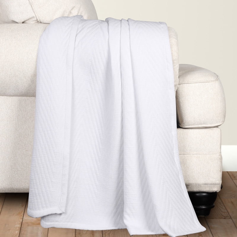 White Cotton Chevron Woven Throw Coverlet