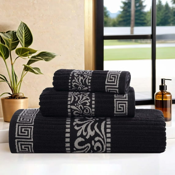 Superior Athens 3-Piece Cotton Greek Scroll Towel Set, Black-Chrome