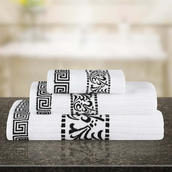 Superior Athens 3-Piece Cotton Greek Scroll Towel Set, Black