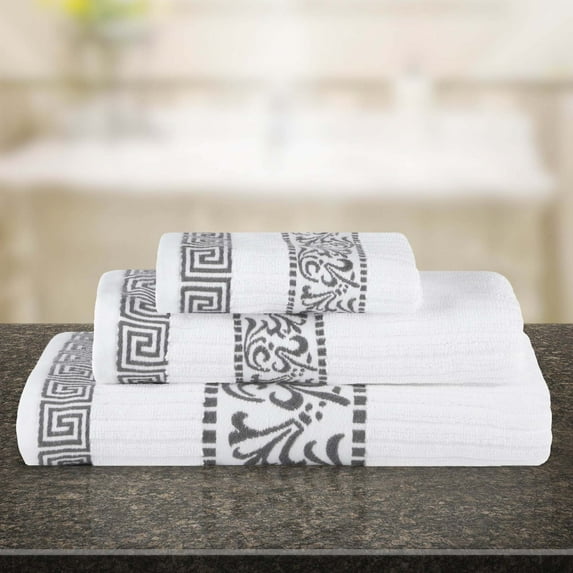 Superior Athens 3-Piece Cotton Greek Scroll Towel Set, Gray