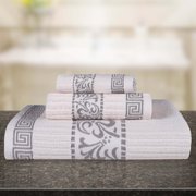 Superior Athens 3-Piece Cotton Greek Scroll Towel Set, Ivory-Chrome