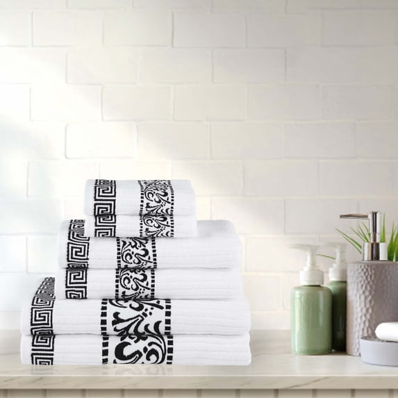 Superior Athens 6-Piece Cotton Greek Scroll Towel Set, Black