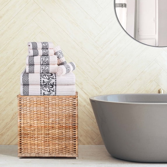 Superior Athens 8-Piece Cotton Greek Scroll Towel Set, Ivory-Gray