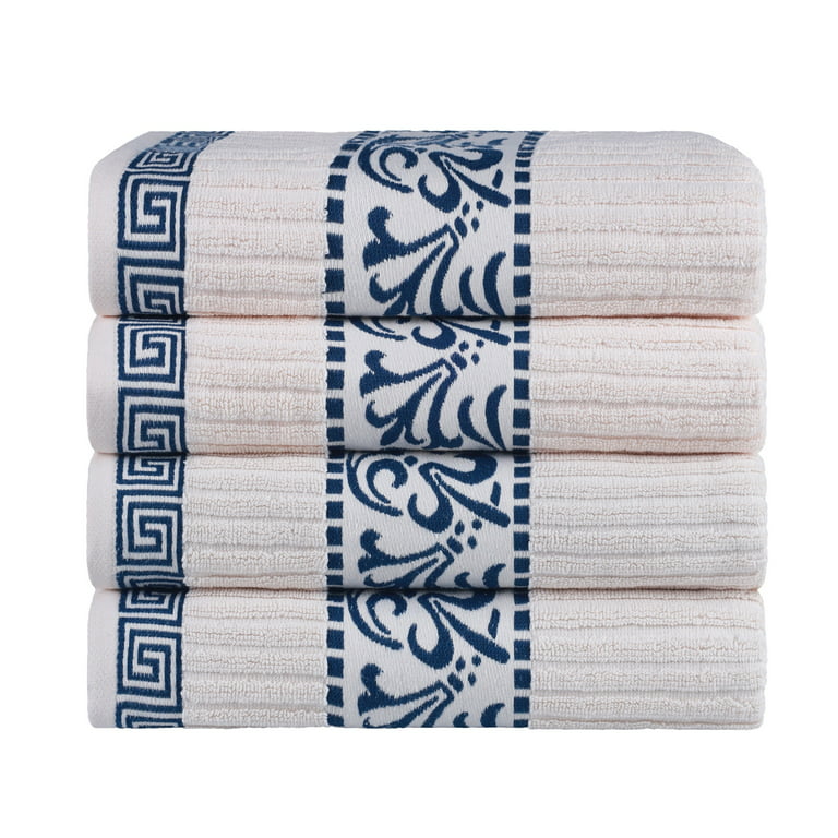 Superior Cotton Jacquard Absorbent Medium Weight 4 Piece Bath Towel Set - Ivory-Navy