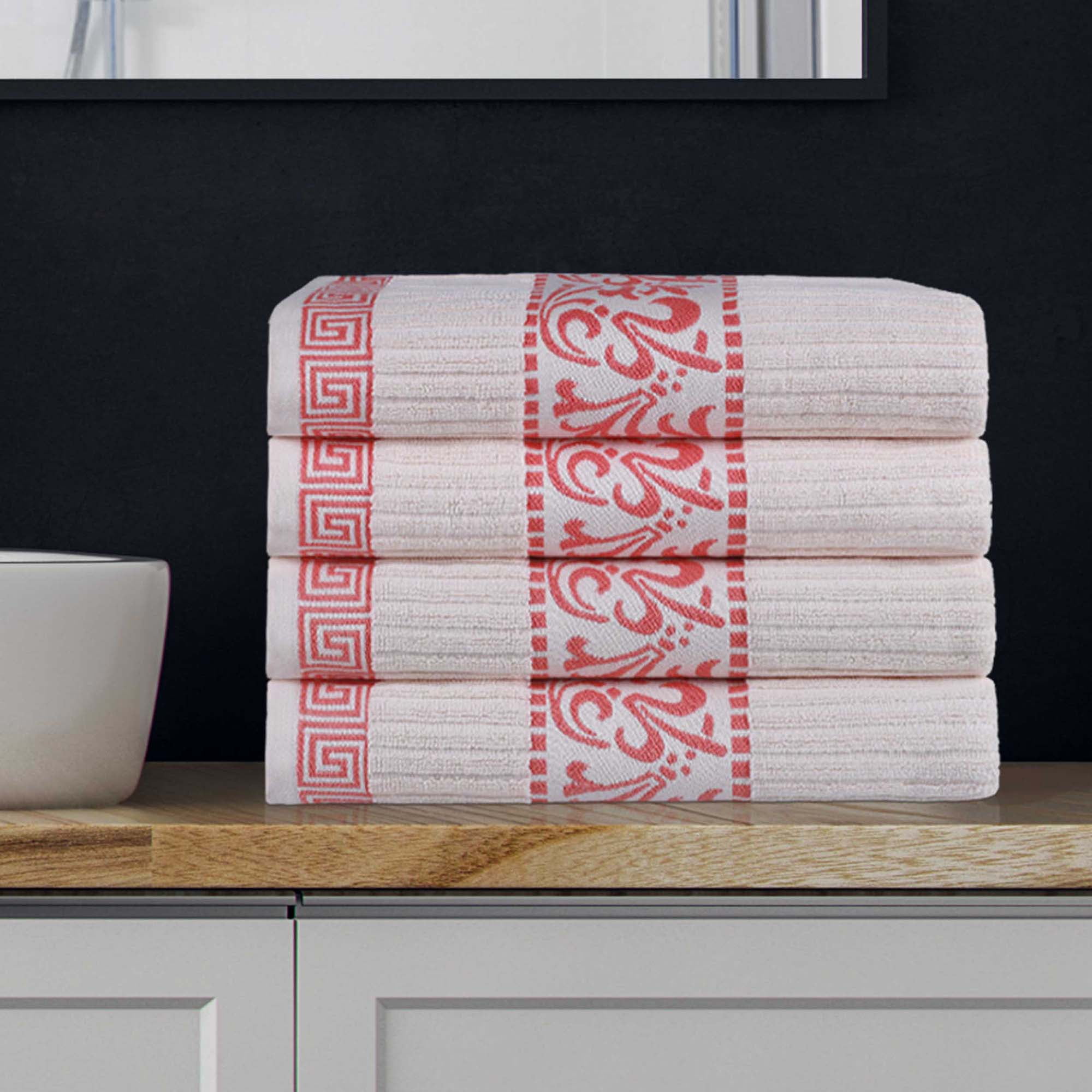 Ivory and Coral Cotton Bath Towel Set with Greek Key Trim, 4-Piece