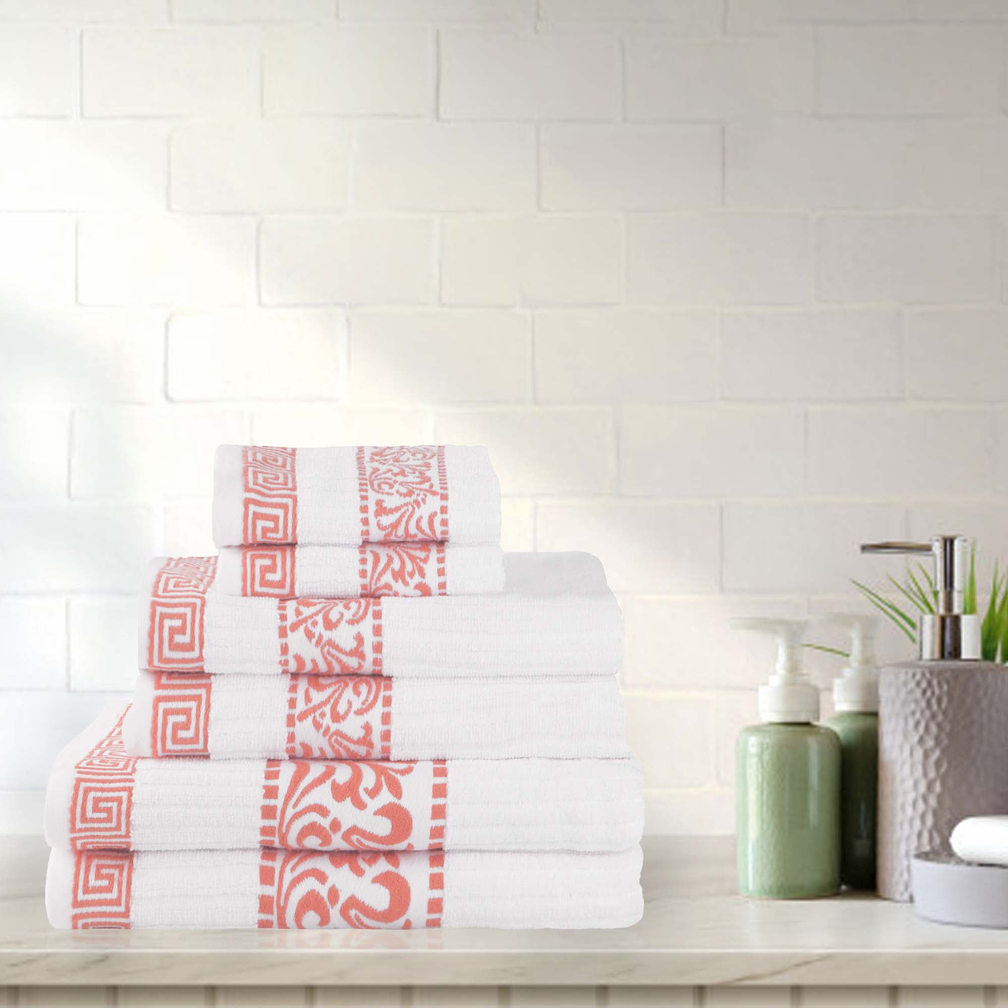White and Coral Cotton 6-Piece Quick Dry Towel Set