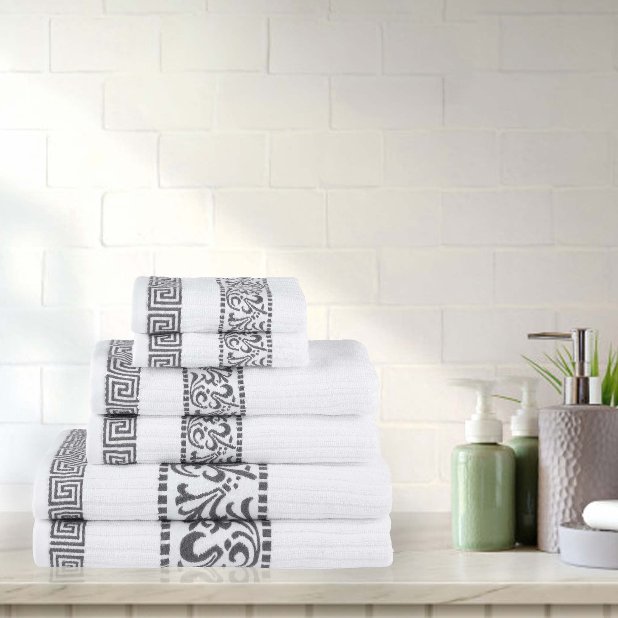 Superior Athens 6-Piece Cotton Greek Scroll Towel Set, Gray