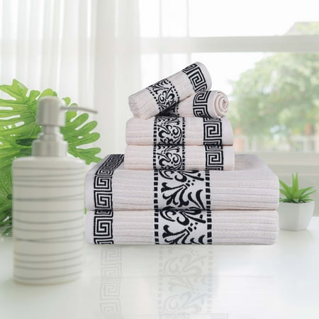 Superior Athens 6-Piece Cotton Greek Scroll Towel Set, Ivory-Black