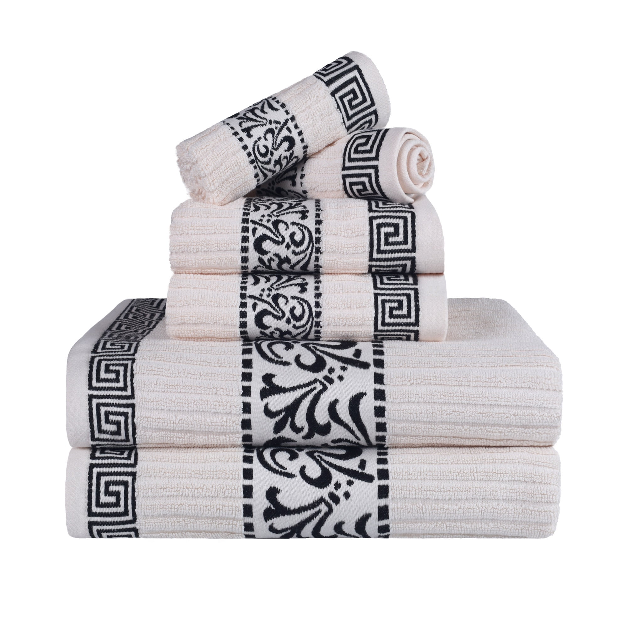 Superior Athens Cotton 6-Piece Decorative Towels, Ivory/ Black
