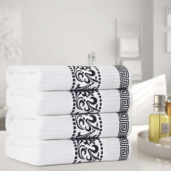 Superior Athens Cotton Greek Scroll Bath Towel Set of 4, Black