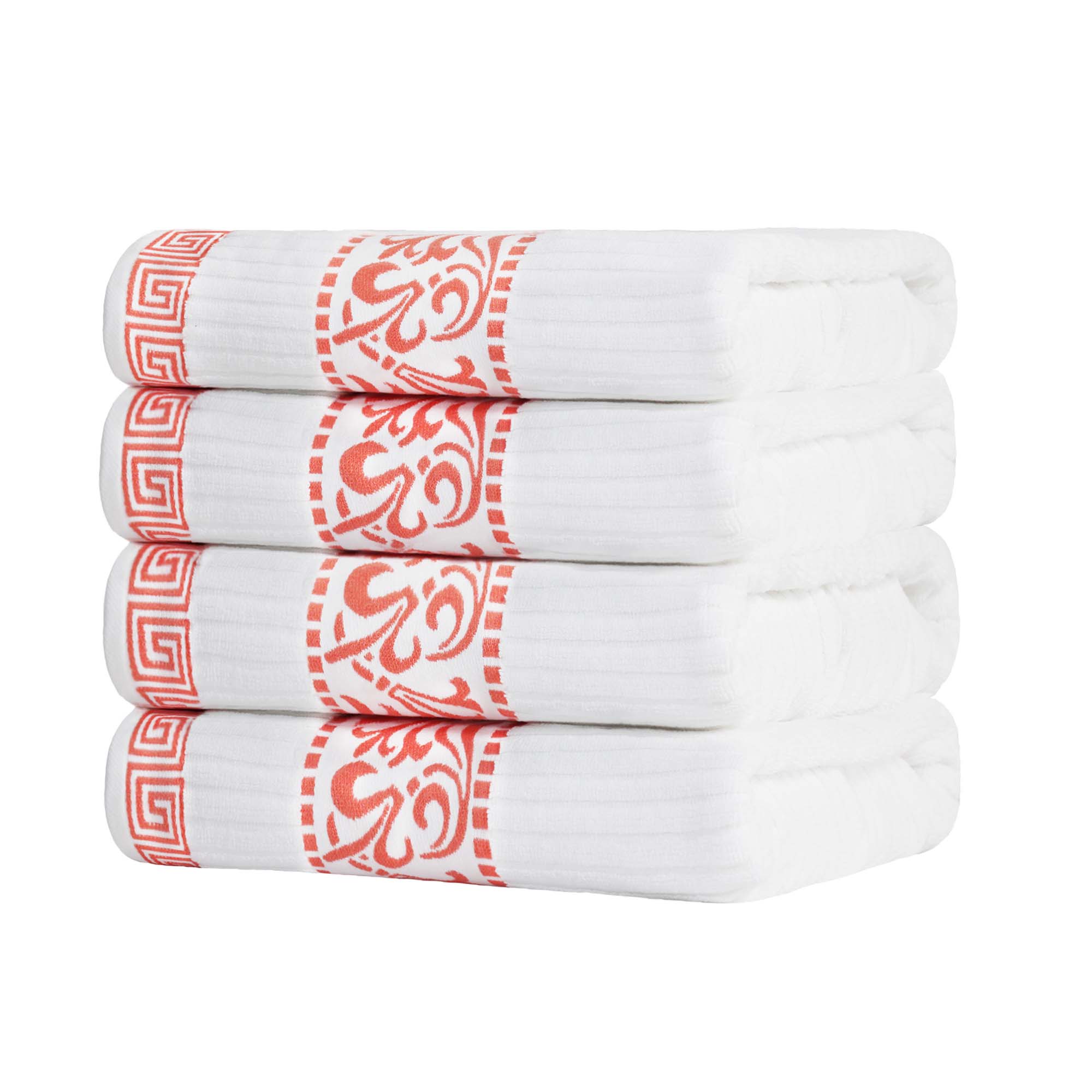 Superior Athens Cotton Greek Scroll Bath Towel Set of 4, Quick Dry Towels, Coral