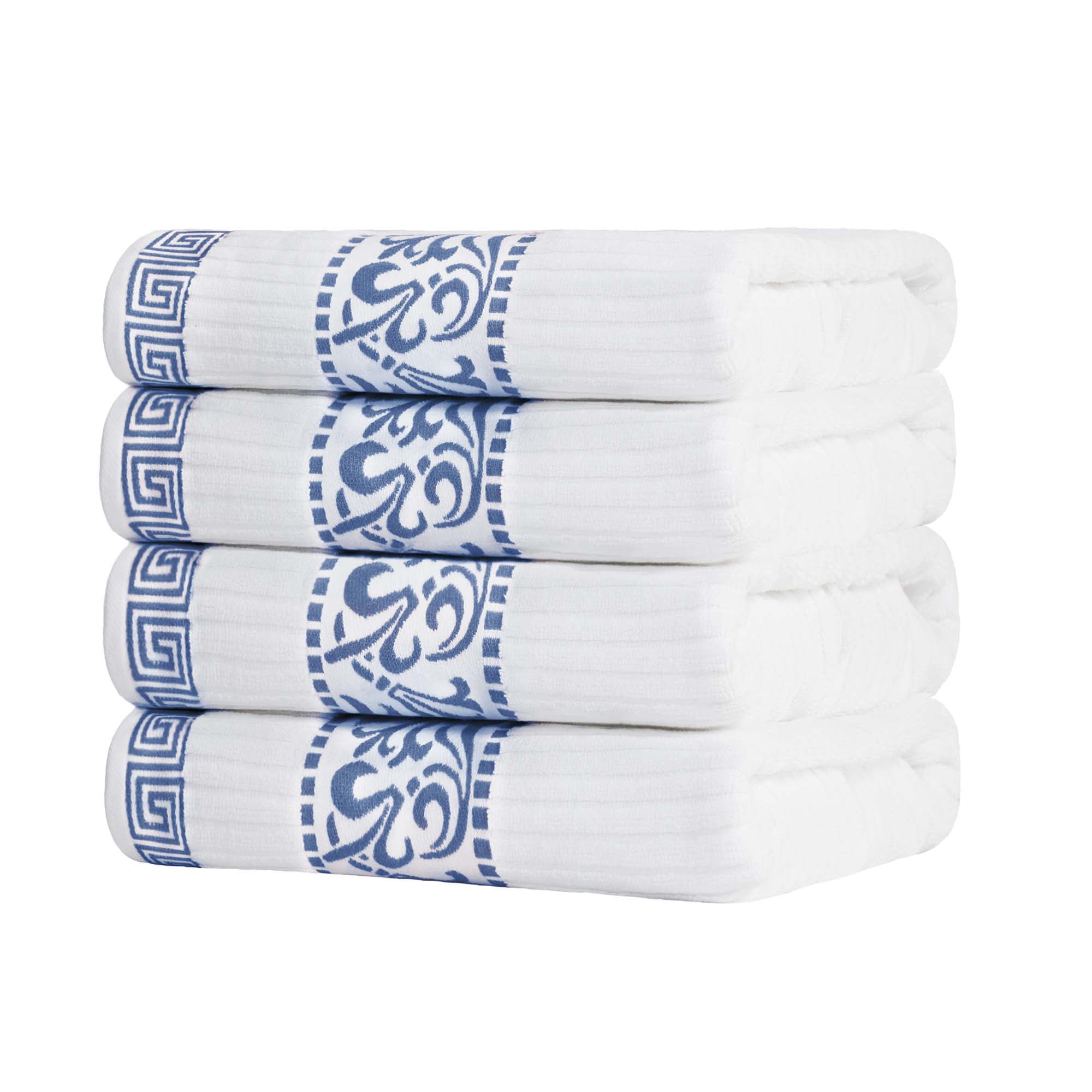 Superior Athens Cotton Greek Scroll Bath Towel Set of 4, Quick Dry Towels, Navy Blue