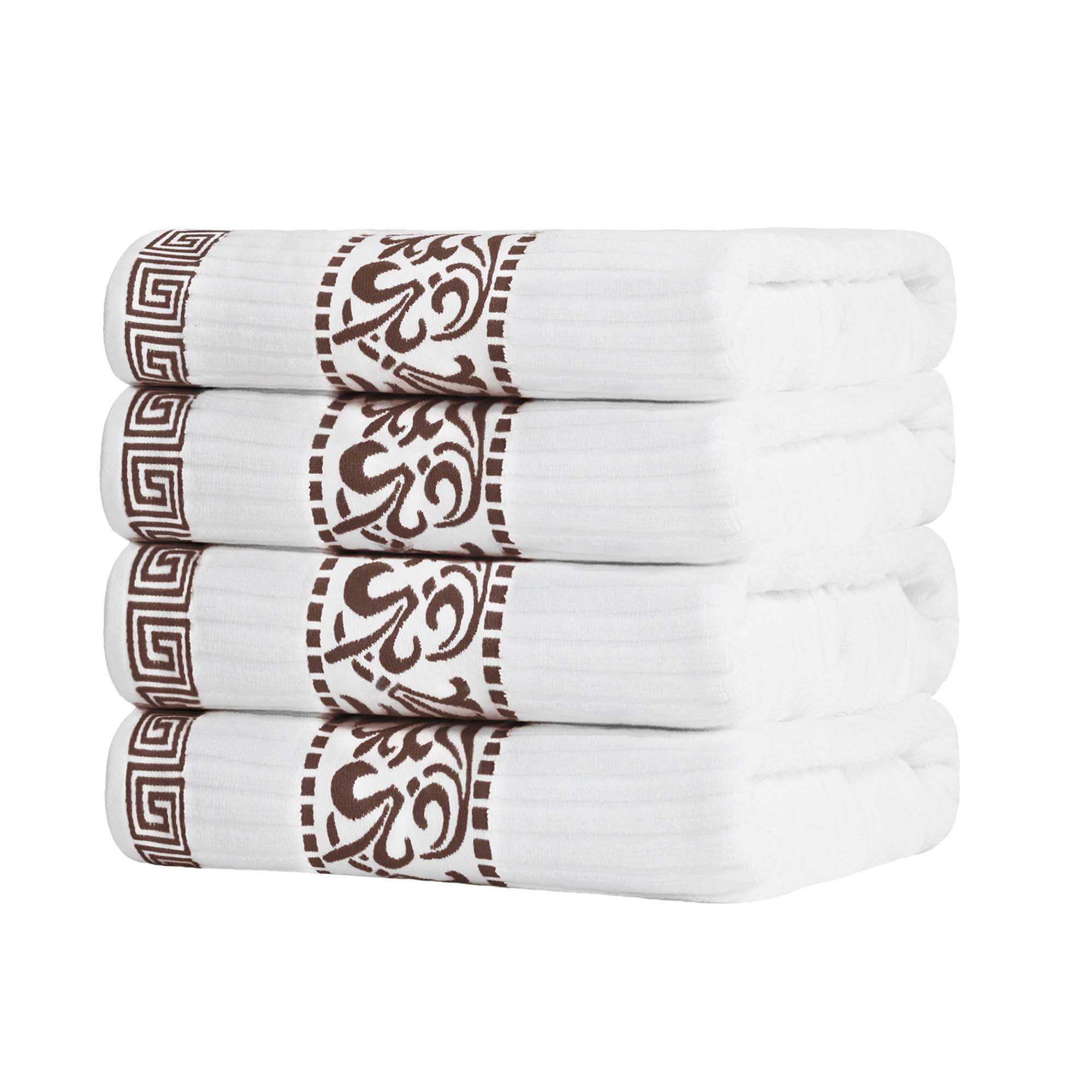 Superior Athens Cotton Greek Scroll Bath Towel Set of 4, Quick Dry Towels, White-Chocolate