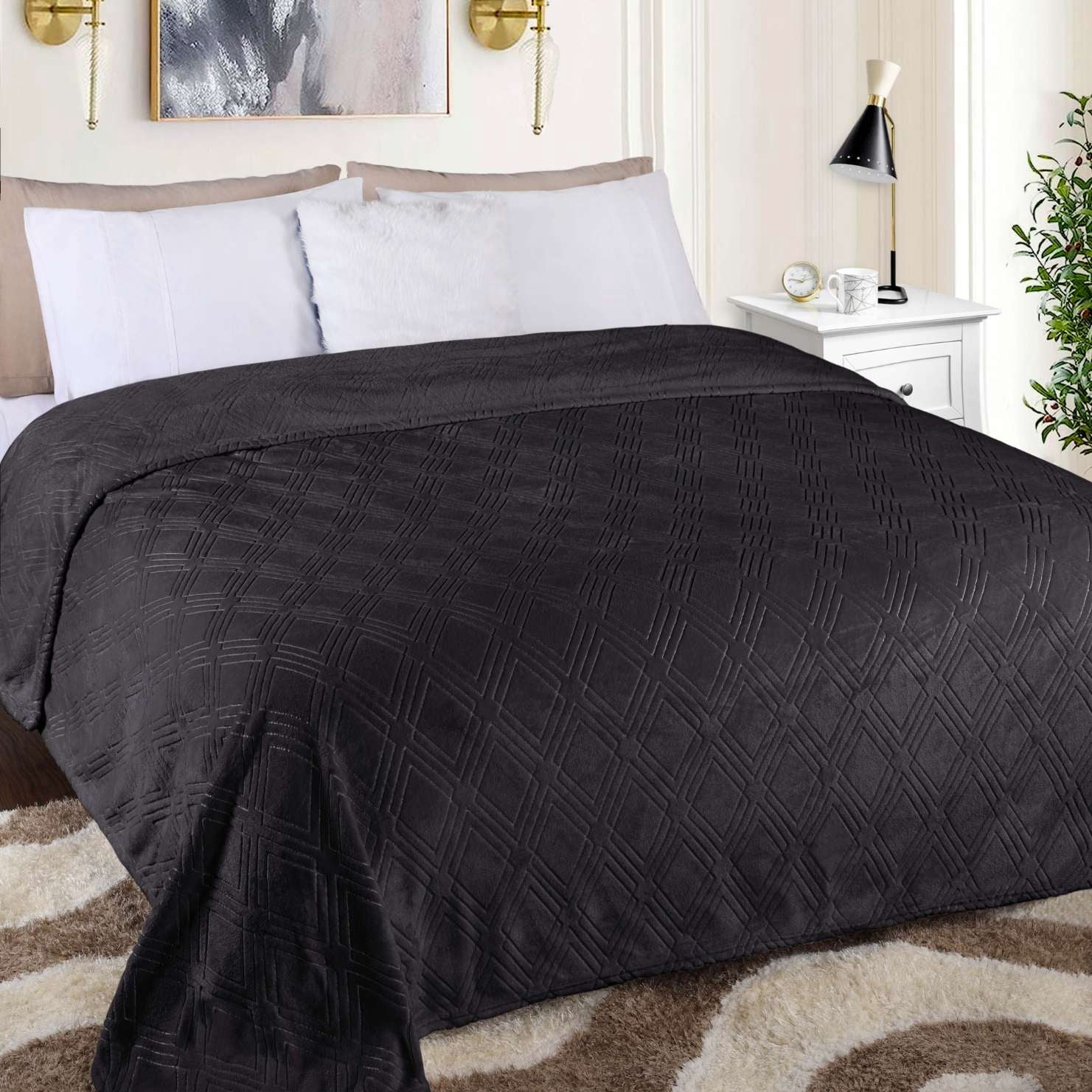 Superior Atka Fleece Diamond Blanket, 66" x 90" Soft Cozy Blankets, Twin Size, Black