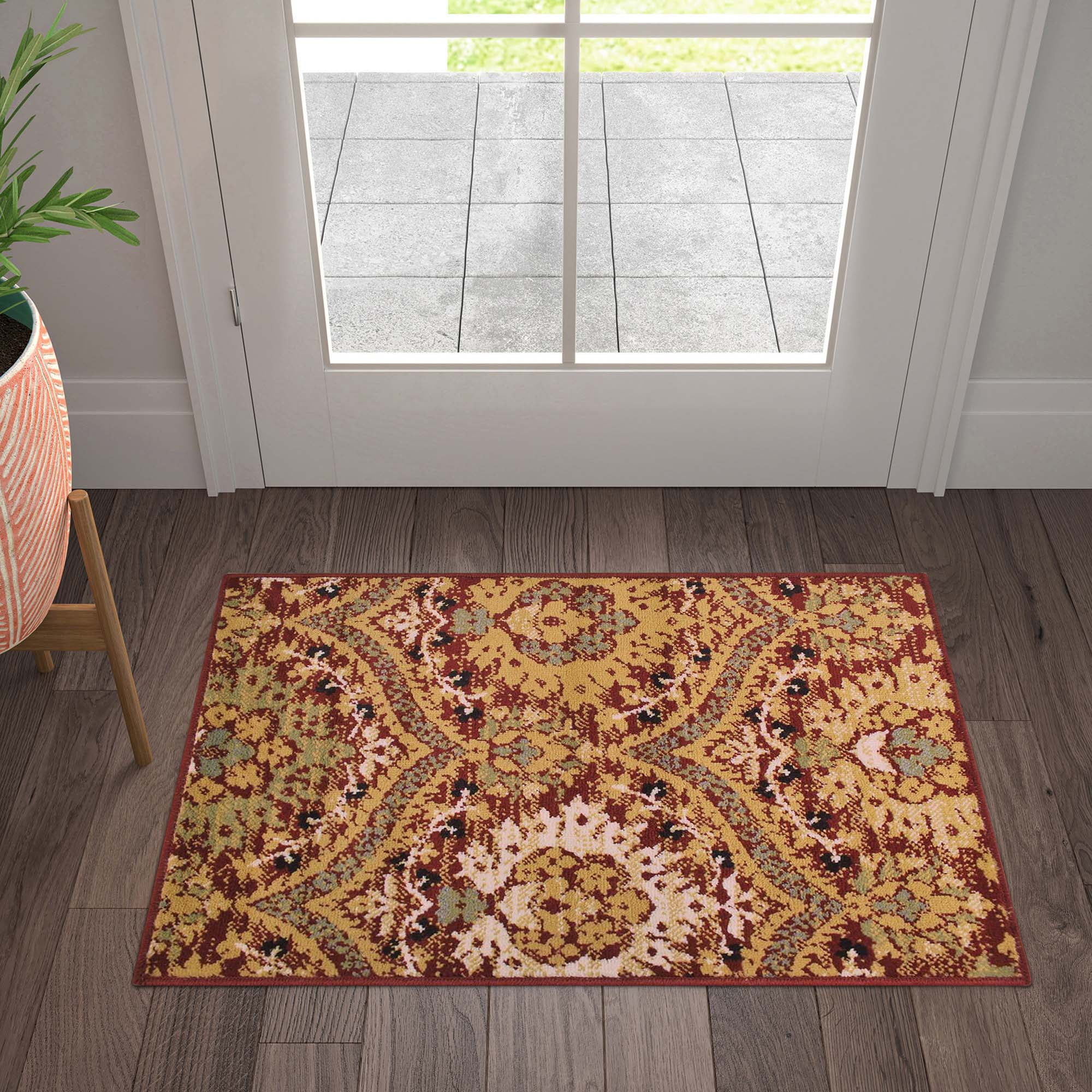 Floral Damask Red Synthetic 2'x3' Easy-Care Area Rug