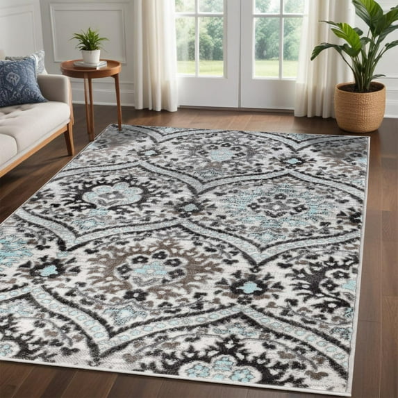 Superior Oriental Vintage Floral Damask Power-loom Indoor Area Rug, 4'x6', Turquoise