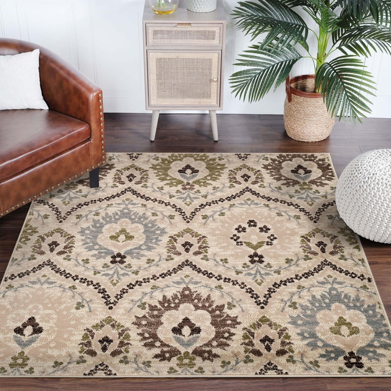 Ivory and Multicolor Floral Synthetic Square Area Rug