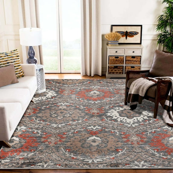 Superior Oriental Vintage Floral Damask Power-loom Indoor Area Rug, 5'x8', Rust