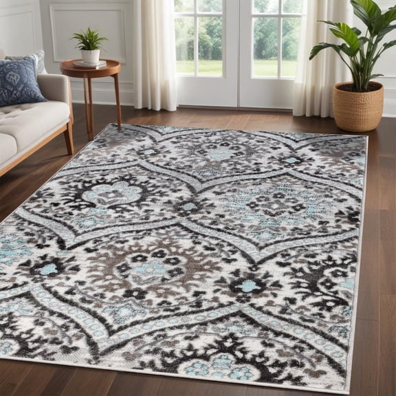 Superior Oriental Vintage Floral Damask Power-loom Indoor Area Rug, 5'x8', Turquoise