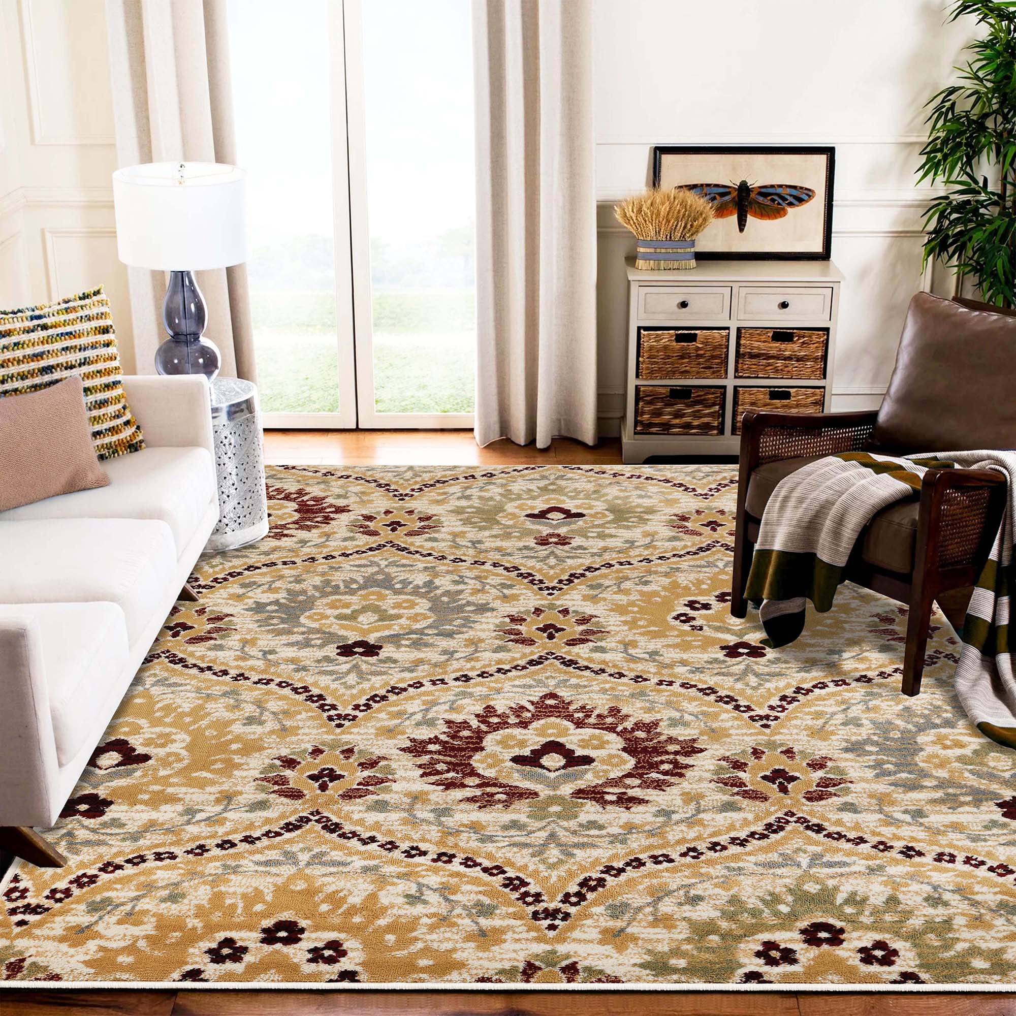 Superior Oriental Vintage Floral Damask Power-loom Indoor Area Rug, 8'6"x11'6", Camel
