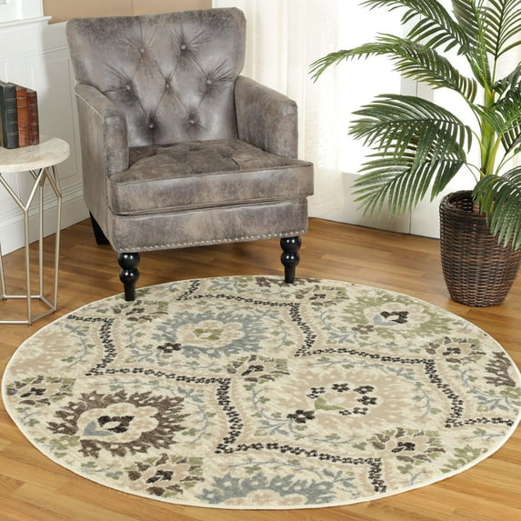 Superior Oriental Vintage Floral Damask Power-loom Indoor Area Rug, 8' Round, Beige-Brown