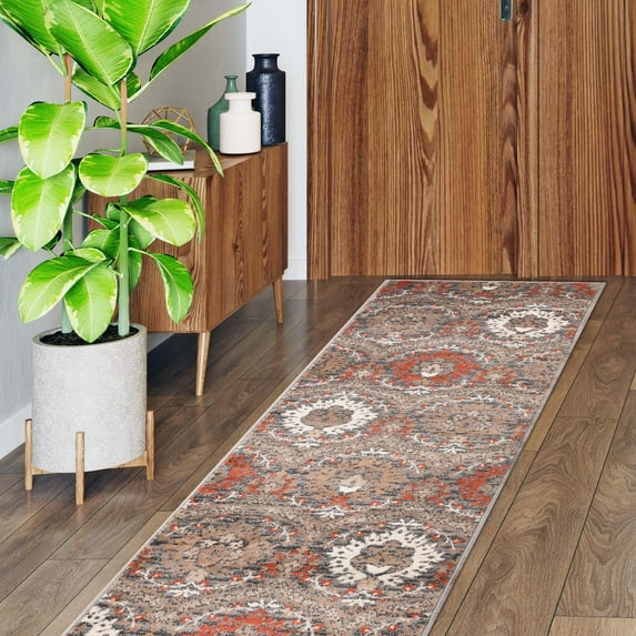 Superior Oriental Vintage Floral Damask Power-loom Indoor Runner Rug, 2'7"x10', Rust
