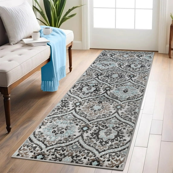 Superior Oriental Vintage Floral Damask Power-loom Indoor Runner Rug, 2'7"x10', Turquoise