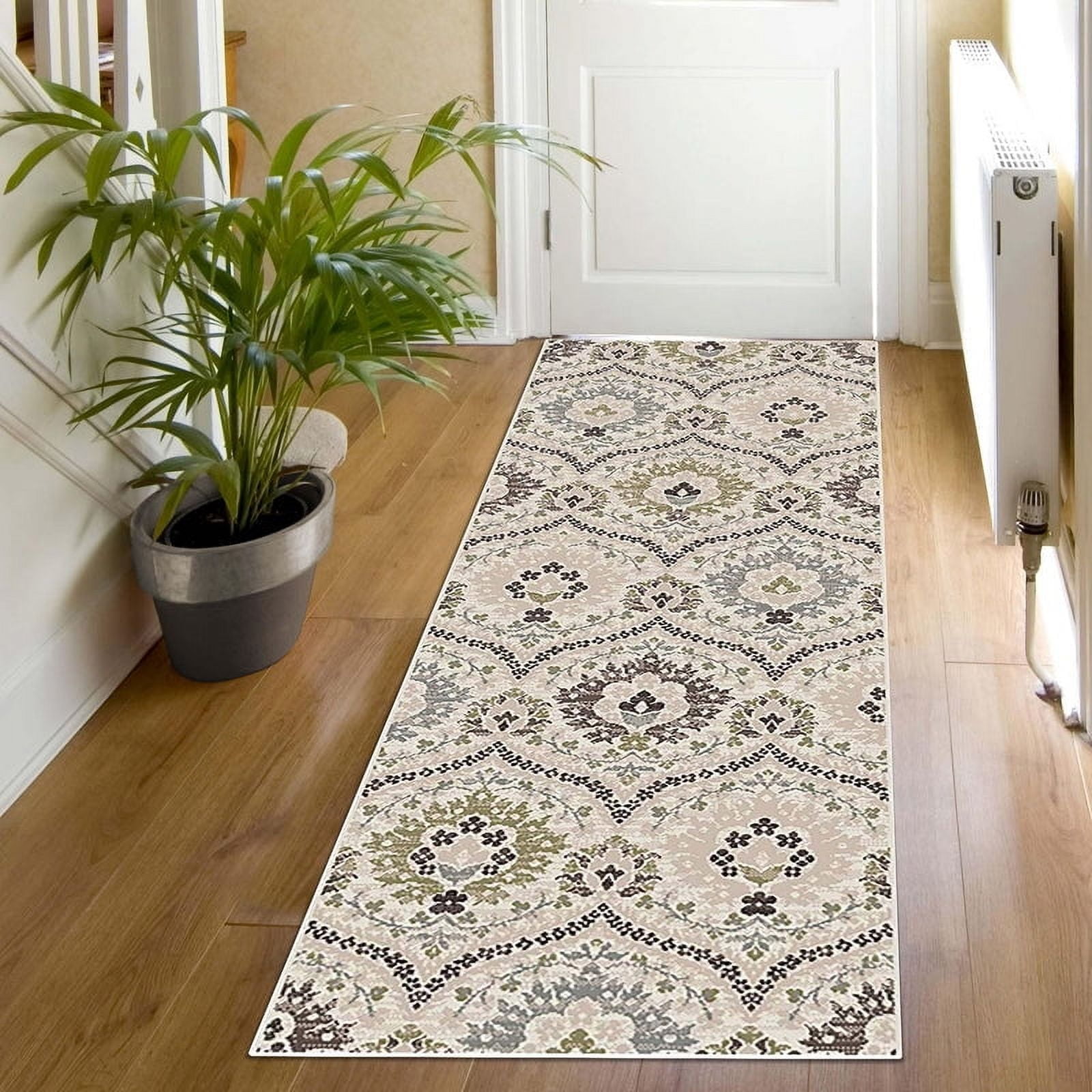 Beige Floral Flat Woven Reversible Runner Rug