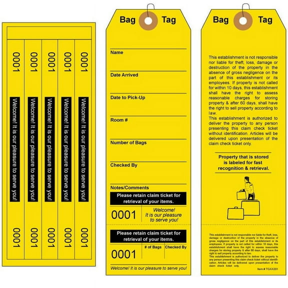 Superior Bag Identification Tags with 5 labels. Yellow Tag. Printed in Black Ink. Tag Size: 7 7/8" (Height) x 2 1/2" (Width). 1000 Tags.