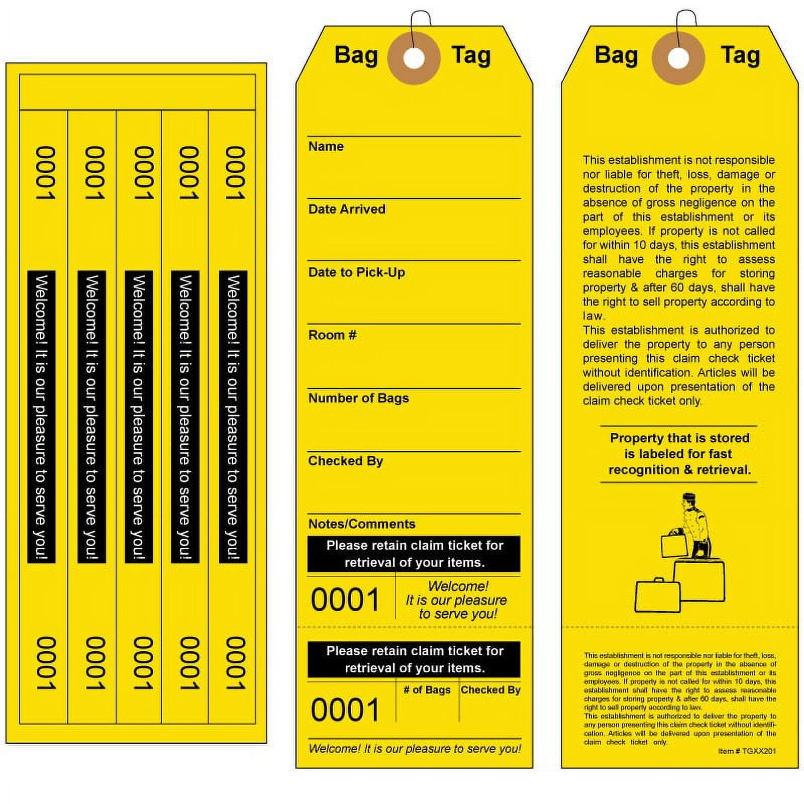 Superior Bag Identification Tags with 5 labels. Yellow Tag. Printed in Black Ink. Tag Size: 7 7/8" (Height) x 2 1/2" (Width). TGXX201SQ. 100 Tags.