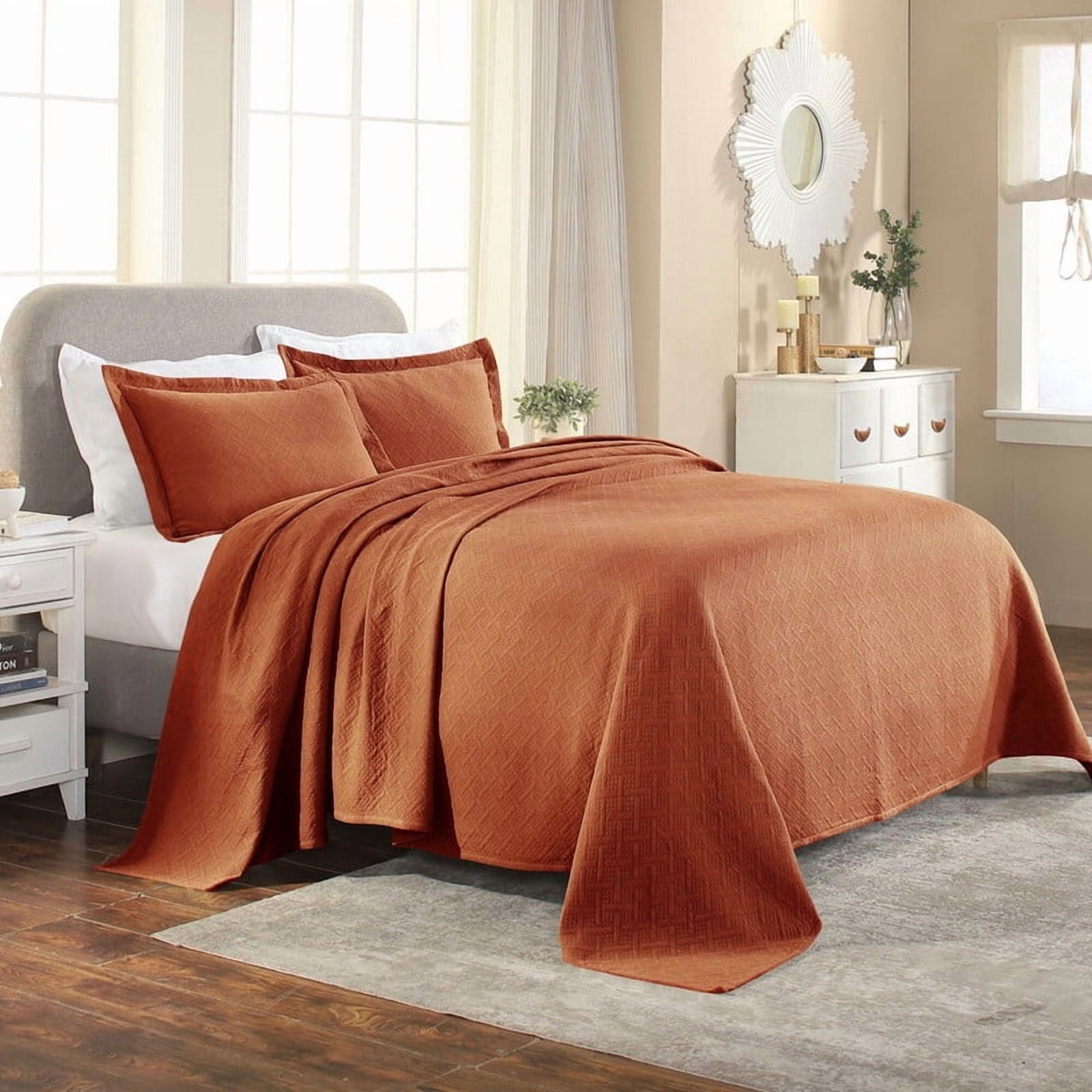 Superior Basket Weave 3 Piece Decorative Cotton Bedspread, Lightweight Bedding Set, Full Size, Mandarin