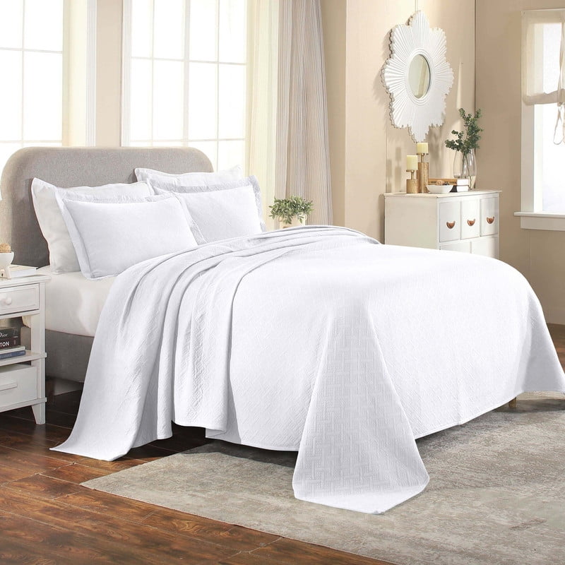 Elegant Full-Sized White Cotton Basket Weave 3-Piece Bedspread Set