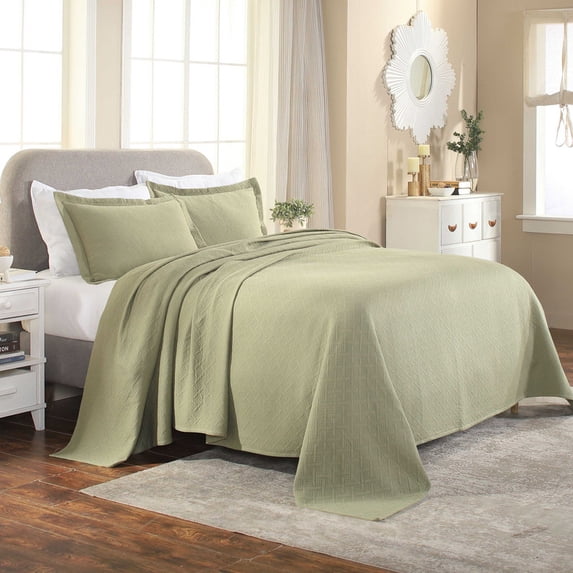 Superior Basket Weave 3 Piece Decorative Cotton Bedspread, Lightweight Bedding Set, King Size, Sage
