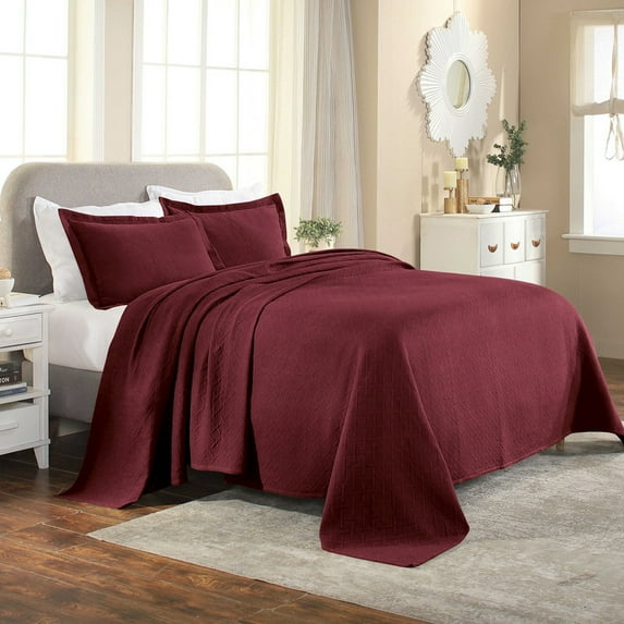 Superior Basket Weave 3 Piece Decorative Cotton Bedspread, Lightweight Bedding Set, Queen Size, Garnet